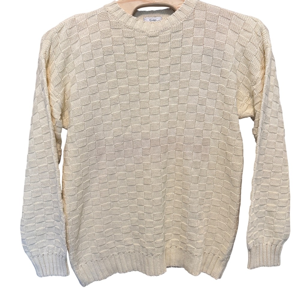 Vintage Gap Sweater XL Cream Basketweave Knit Crewneck Ramie Cotton Fisherman 90